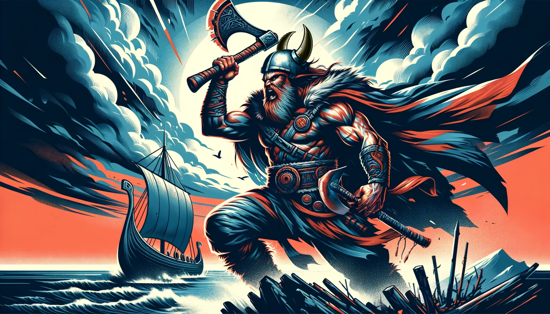 Illustration of a fierce Viking in battle gear wielding a throwing axe with a stormy sea and Viking longship backdrop.